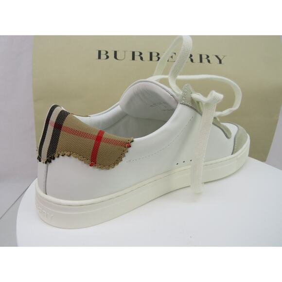 NIB BURBERRY ROBIN WHITE BEIGE CHECK LEATHER LOW LOGO SNEAKERS US 7 40 IT $870 - Picture 3 of 13